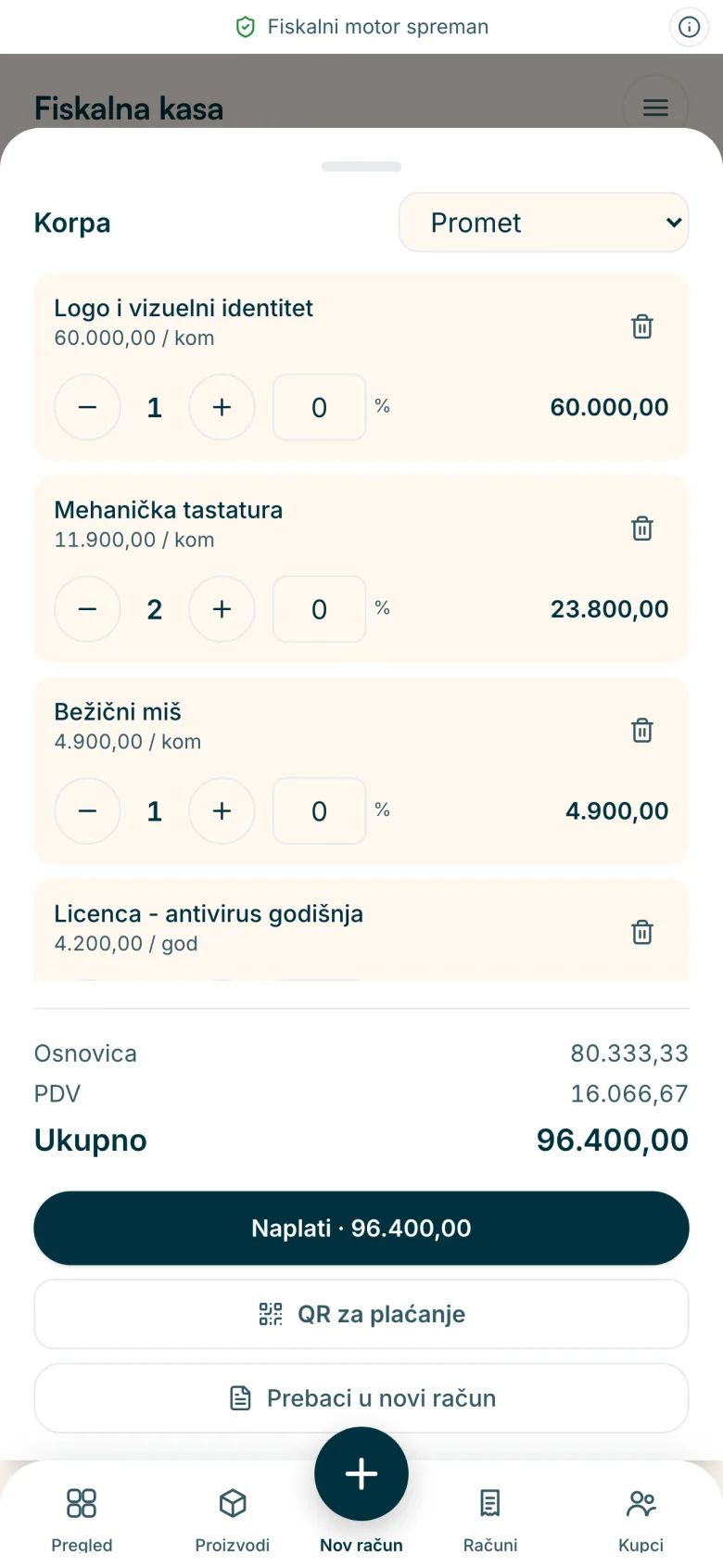 Tezga eKasa na telefonu: Kasa sa korpom i naplatom